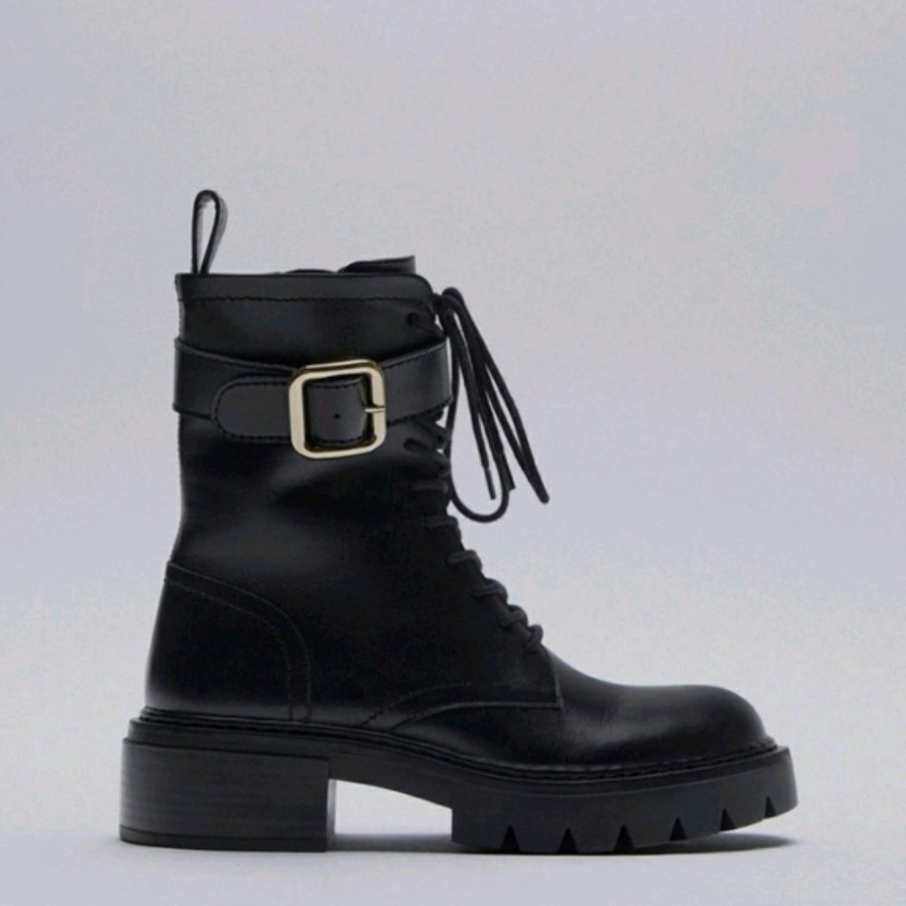 Zara Low Heeled Leather Ankle Boots with Buckle Sz 9